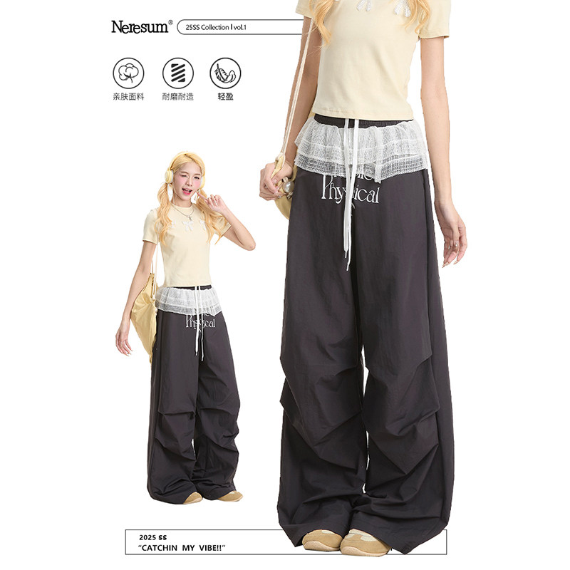 NERESUM美式字母蕾丝拼接工装裤女新款宽松直筒街舞弯刀裤休闲裤,女装/女士精品,休闲裤,淘宝优惠券,粉丝福利购,淘宝优惠卷