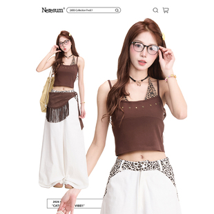 上衣 辣妹设计感短款 NERESUM美式 豹纹拼接假两件吊带背心女夏季