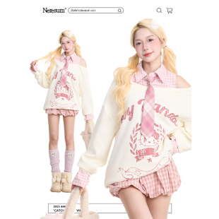 NERESUM设计感格子拼接秋季 字母印花做旧宽松露肩上衣 卫衣女美式