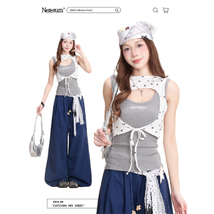 NERESUM星星拼接假两件吊带背心女夏季 显瘦上衣 轻亚辣妹风美式