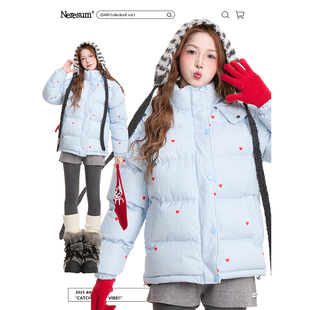 NERESUM爱心条纹立领连帽棉服棉衣女甜美加厚保暖冬季面包服外套