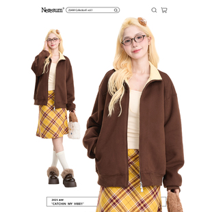 NERESUM复古咖啡色立领夹克女美式 潮牌重磅双拉链百搭通勤外套