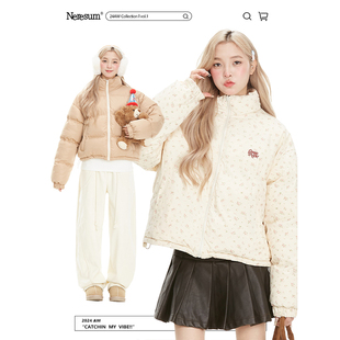 NERESUM冬季 加厚保暖面包服 棉衣女甜美ins美式 雙面穿滿印碎花短款