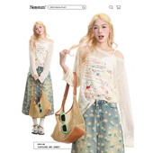 甜辣宽松轻薄微透春夏休闲罩衫 NERESUM猫咪狗狗印花长袖 T恤女新款