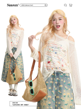 NERESUM猫咪狗狗印花长袖T恤女新款甜辣宽松轻薄微透春夏休闲罩衫