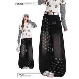 NERESUM复古星星印花牛仔裤女亚文化Y2K做旧裤子宽松弯刀阔腿裤