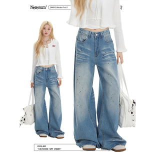 子潮牌显瘦拖地休闲长裤 复古泼墨直筒裤 女美式 NERESUM蓝色牛仔裤