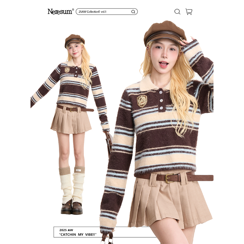 NERESUM复古条纹撞色Polo领毛衣