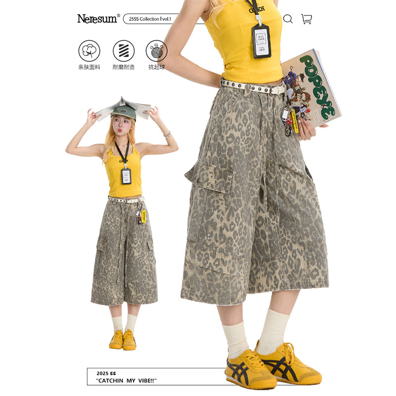 NERESUM复古豹纹工装七分裤女美式废土风多口袋夏季做旧显瘦短裤,女装/女士精品,休闲裤,淘宝优惠券,粉丝福利购,淘宝优惠卷