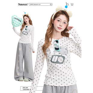 NERESUM可爱卡通波点修身长袖T恤女轻亚甜酷减龄短款打底衫上衣