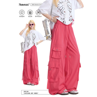 宽松运动裤 NERESUM多巴胺红色工装 嘻哈多口袋阔腿裤 女美式 子 裤