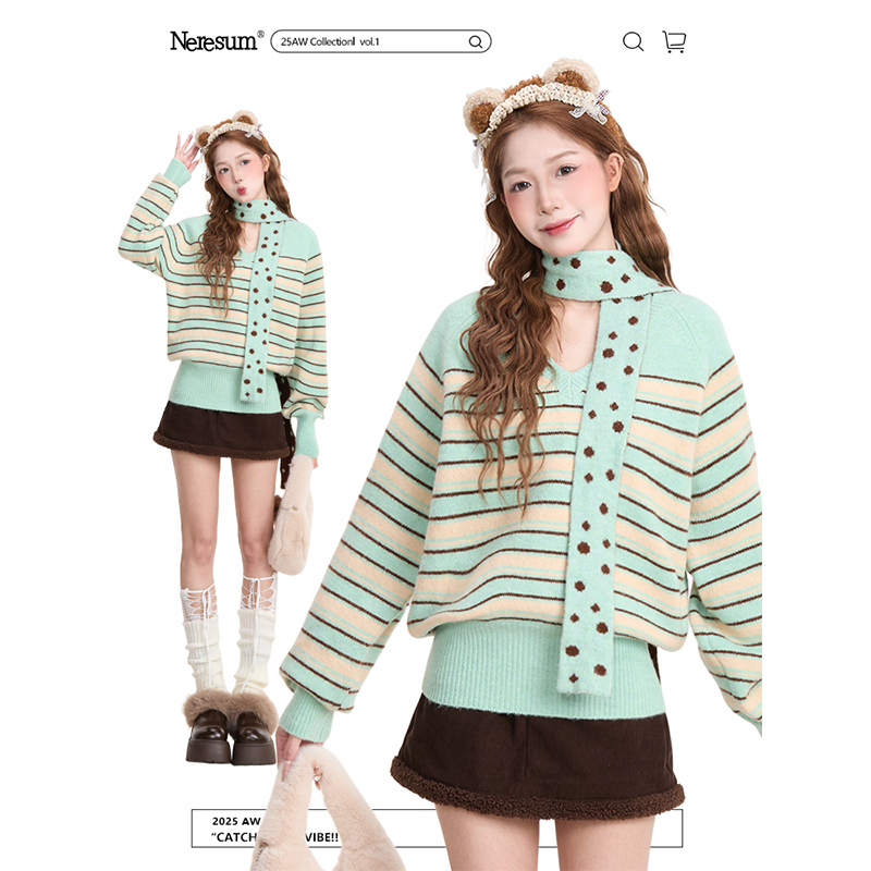 NERESUM软糯条纹撞色V领毛衣