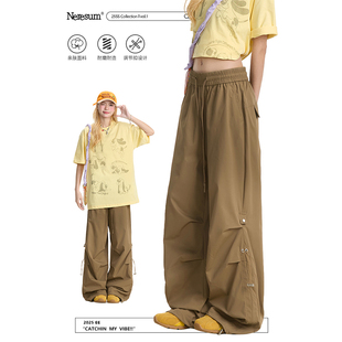 夏季 裤 薄款 美式 NERESUM裤 抽绳褶皱宽松直筒裤 子女设计感阔腿工装