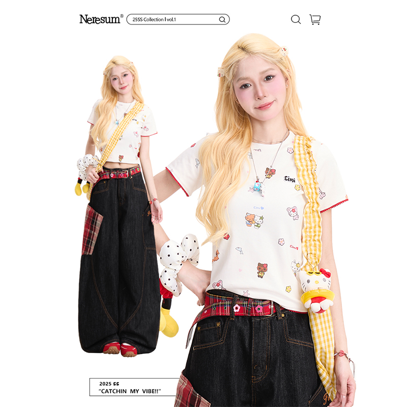 NERESUM卡通小猫百搭修身短袖