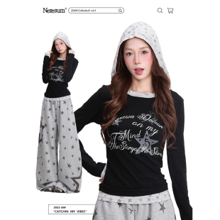 NERESUM韩系星星字母假两件长袖T恤女轻亚风复古显瘦连帽短款上衣