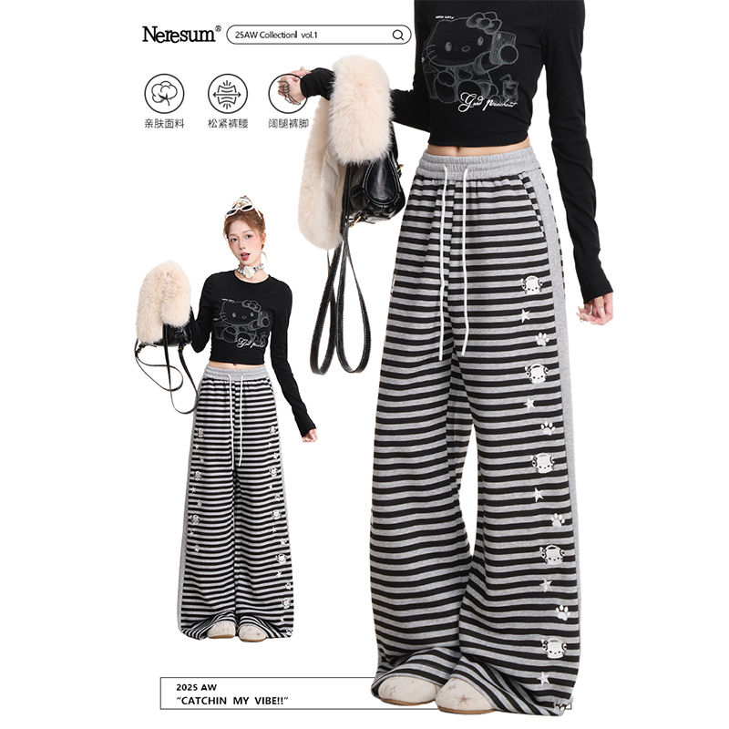 NERESUM韩系卡通刺绣条纹卫裤