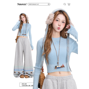 辣妹竖条纹长袖 短款 针织衫 修身 显瘦打底上衣 女新款 NERESUM美式