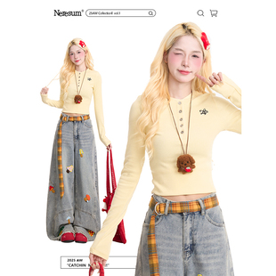 显瘦短款 NERESUM美式 甜酷百搭修身 T恤女秋季 打底上衣 亨利领长袖