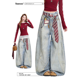 潮牌街头阔腿裤 设计感弯刀裤 女美式 NERESUM脏染领带印花牛仔裤