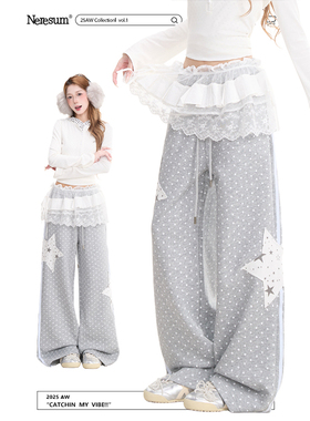 NERESUM波点满印星星贴布卫裤女新款复古显瘦直筒裤垂感休闲裤