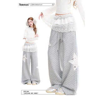 NERESUM波点满印星星贴布卫裤女新款复古显瘦直筒裤垂感休闲裤