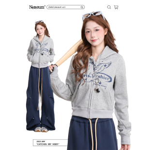 帽衫 NERESUM天使小马印花开衫 百搭短款 美式 外套 连帽卫衣女秋季