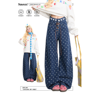 NERESUM星星满印牛仔裤女美式潮牌弯刀长裤新款高街宽松阔腿裤