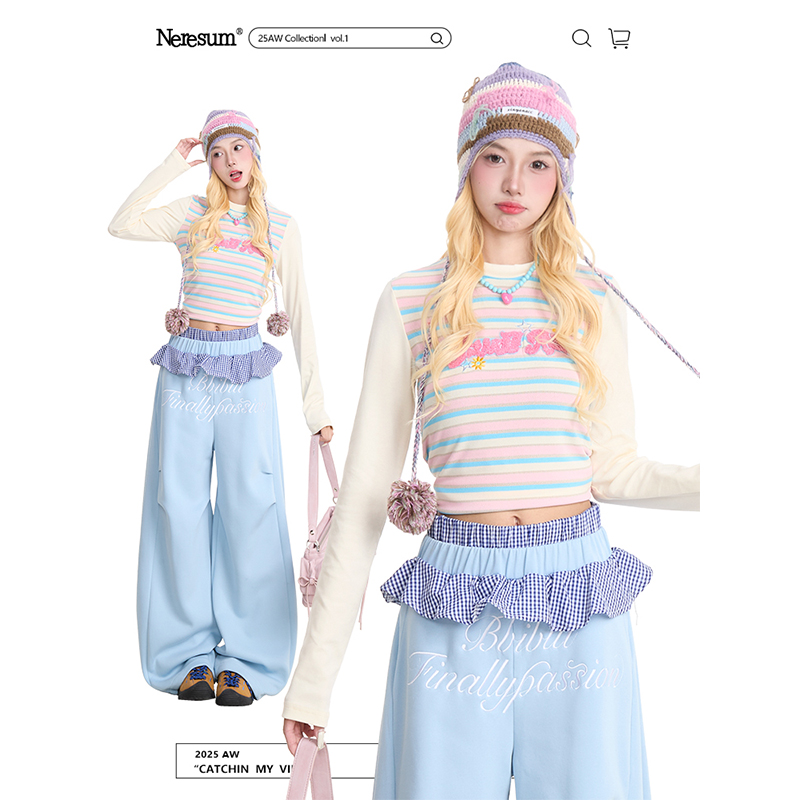 NERESUM彩色条纹短款修身长袖