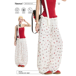 宽松裤 NERESUM蝴蝶结猫咪满印休闲裤 夏季 慵懒速干直筒裤 子 女美式