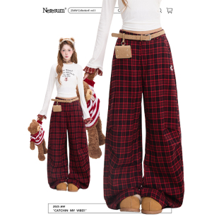 阔腿宽松显瘦休闲裤 NERESUM美式 嘻哈褶皱弯刀裤 女新款 潮牌格子裤