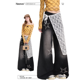 子复古直筒阔腿裤 蕾丝屁帘裤 女美式 NERESUM五角星烫钻水洗牛仔裤