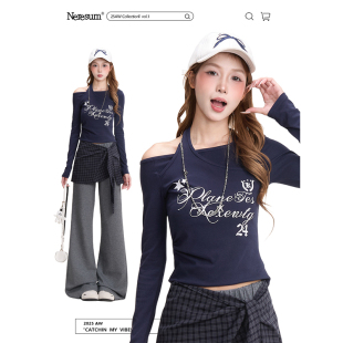 短款 NERESUM辣妹风斜肩挂脖长袖 设计感美式 新款 显瘦上衣 T恤女春季