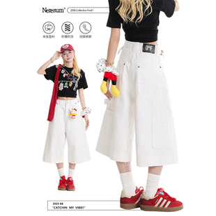 阔腿宽松显瘦百搭短裤 潮牌水洗夏季 女美式 NERESUM白色牛仔七分裤