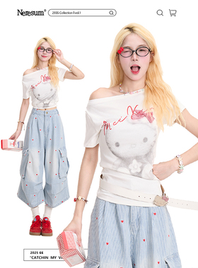 NERESUM可爱Kitty猫印花斜肩短袖T恤女潮牌辣妹露肩小众修身上衣