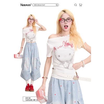 NERESUM凯蒂猫印花辣妹斜肩短袖