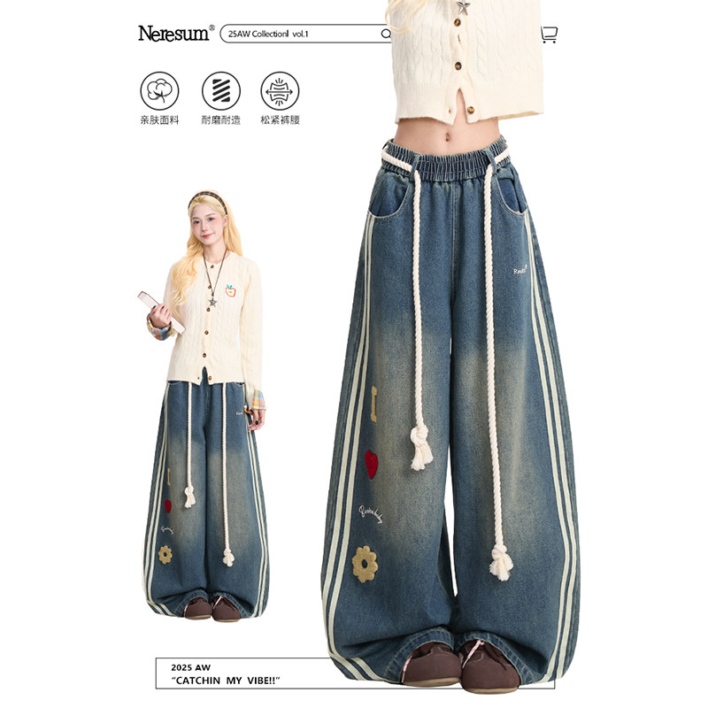 爱心植绒条纹抽绳弯刀牛仔裤