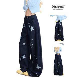 复古垂感百搭阔腿裤 星星印花水洗弯刀牛仔裤 子女美式 NERESUM裤