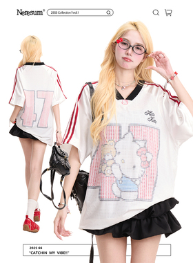 NERESUM美式运动风Kitty猫印花短袖T恤女复古透气网眼宽松上衣