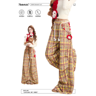 休闲宽松阔腿裤 潮牌慵懒褶皱弯刀裤 ins 子女美式 NERESUM格纹星星裤