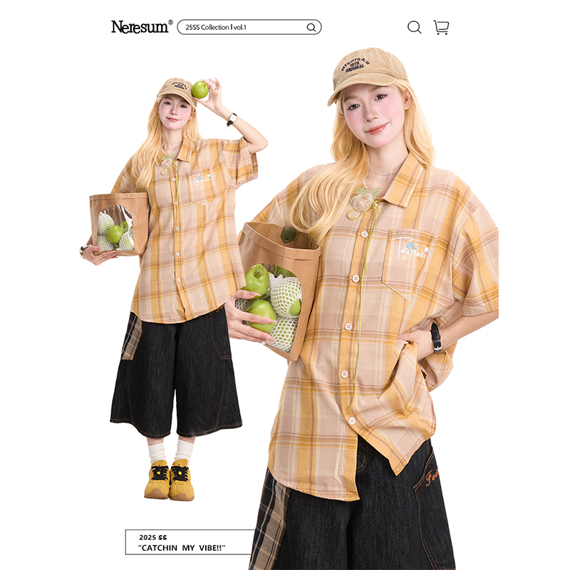 NERESUM美式复古刺绣短袖衬衫