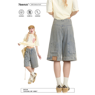 NERESUM牛仔短裤女夏季美式水洗设计感倒装宽松直筒阔腿五分中裤
