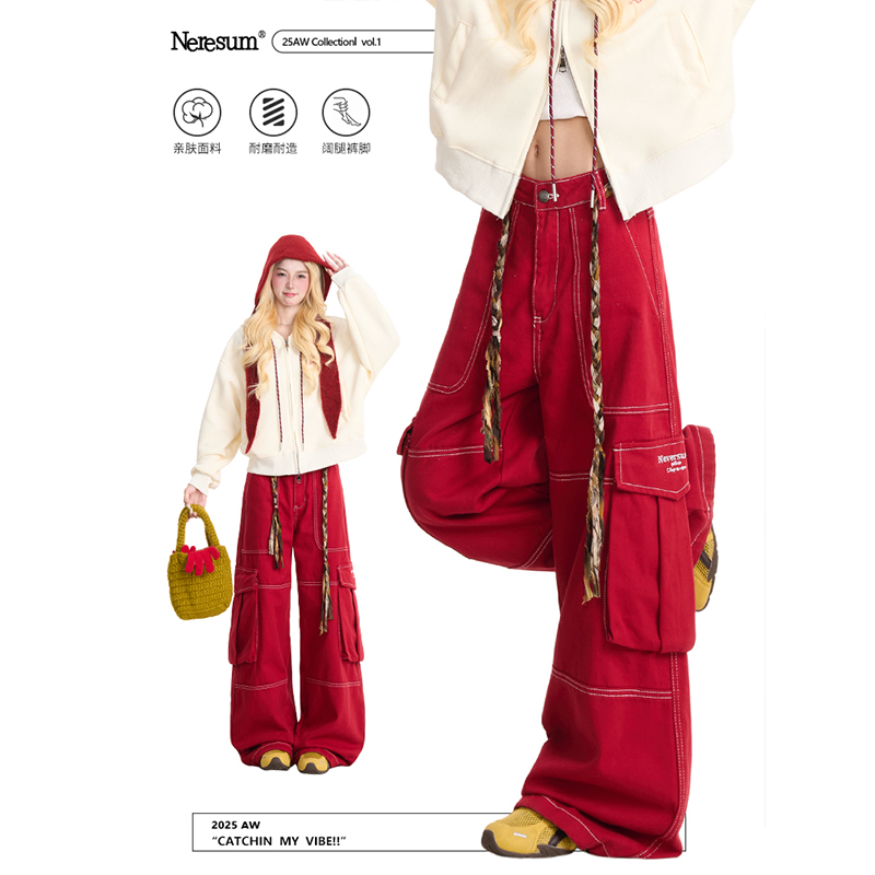 NERESUM红色明线大口袋工装裤