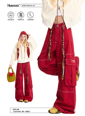 NERESUM红色裤子明线工装裤女美式嘻哈大口袋街头宽松阔腿直筒裤