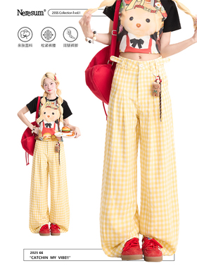 NERESUM复古黄色格子裤女潮牌新款褶皱休闲裤宽松慵懒小众直筒裤