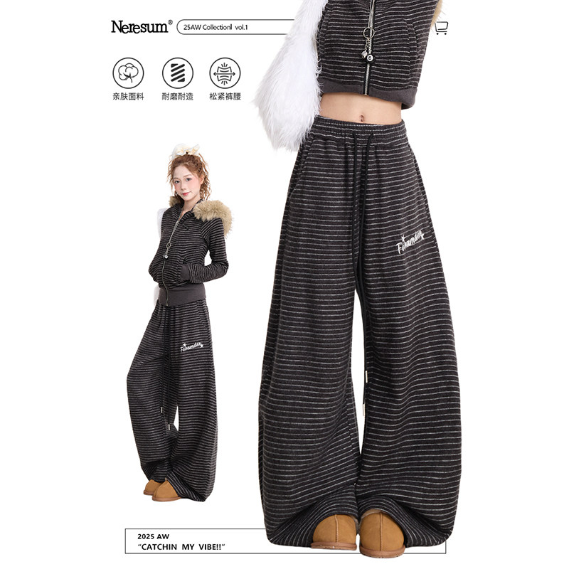 NERESUM韩系字母刺绣条纹卫裤女潮牌弯刀阔腿裤垂感百搭休闲裤,女装/女士精品,卫裤,淘宝优惠券,粉丝福利购,淘宝优惠卷