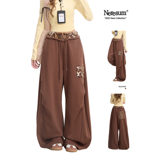 高街显瘦运动休闲裤 褶皱设计感阔腿裤 女美式 NERESUM豹纹拼接卫裤