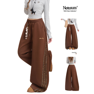 垂感运动阔腿裤 宽松休闲裤 女秋冬美式 NERESUM复古豹纹三条杠卫裤