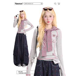 修身 NERESUM美式 设计感运动风秋季 T恤女新款 上衣 复古格子披肩长袖