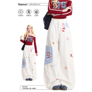 潮牌百搭直筒裤 NERESUM卡通刺绣牛仔裤 女格纹拼接大口袋阔腿裤