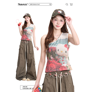 上衣 无袖 NERESUM趣味Kitty猫印花斜肩背心女2026夏季 甜辣减龄美式